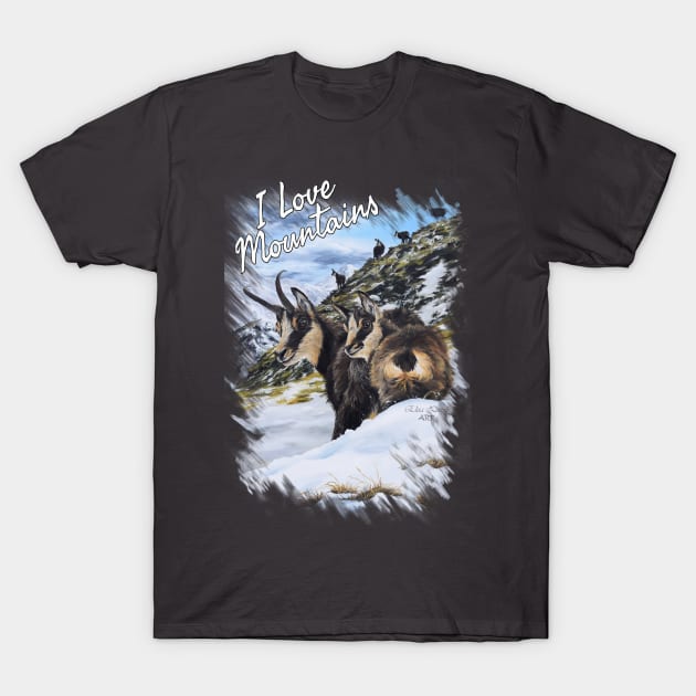 Chamois on the snow - I LOVE MOUNTAINS T-Shirt by ElisaZanoliArt